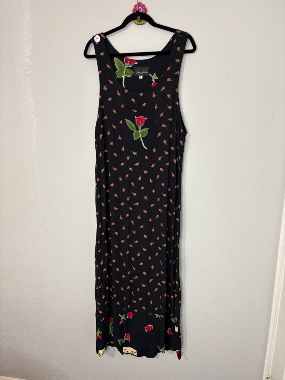 Jenny Helene Black Rose Overall Style Maxi Dress VTG 90s